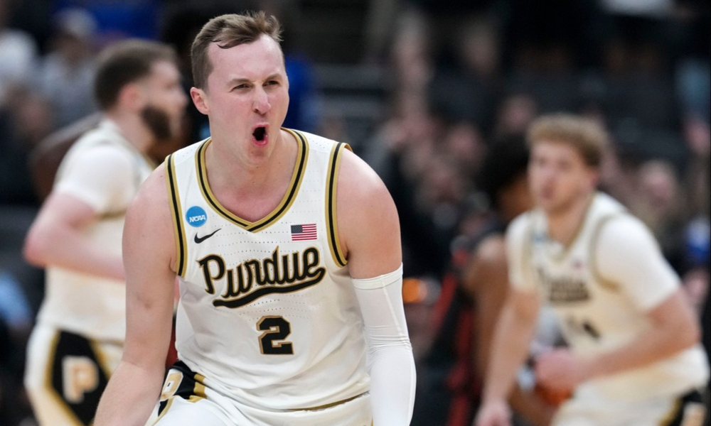 Closeup shot of Purdue guard Fletcher Loyer.