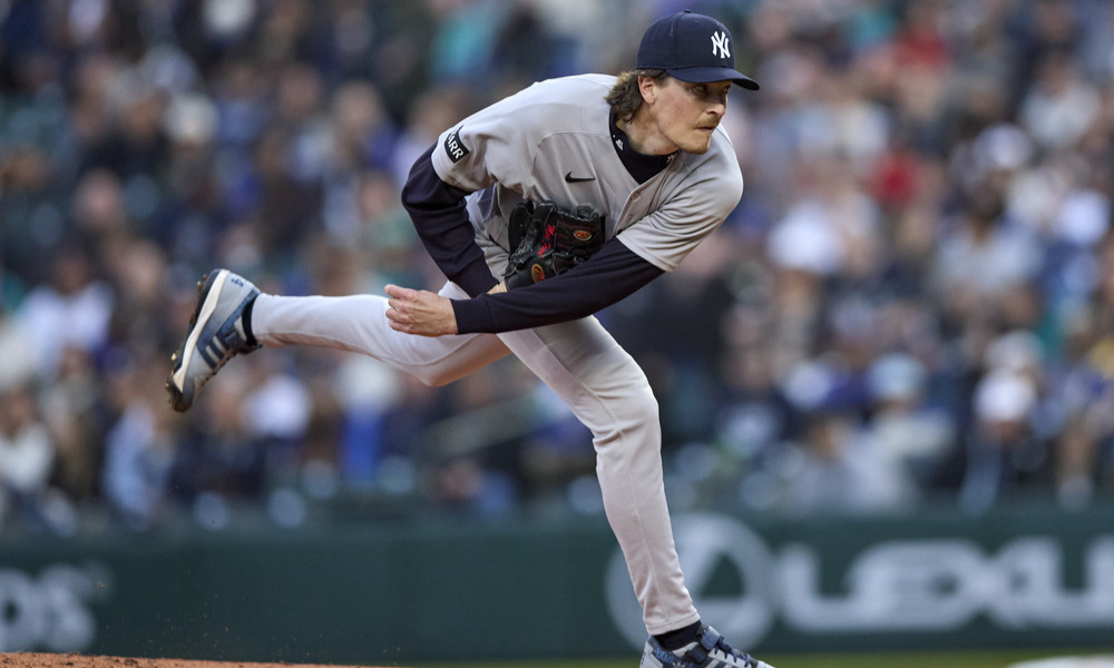 New York Yankees pitcher Max Fried throws a pitch against the Seattle Mariners.