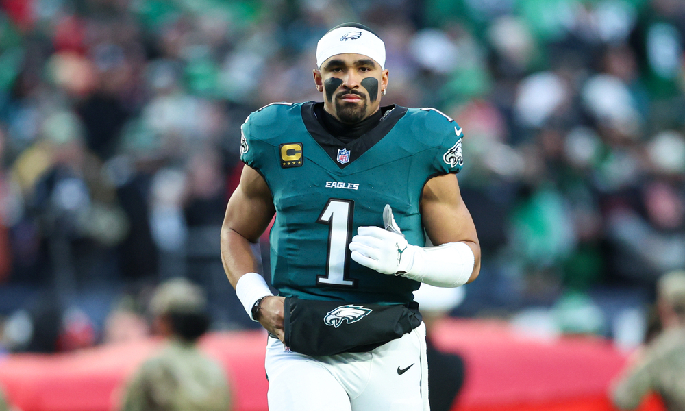 Closeup shot of Philadelphia Eagles quarterback Jalen Hurts.