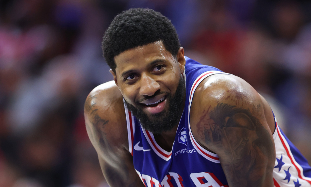 Closeup shot of Philadelphia 76ers forward Paul George.