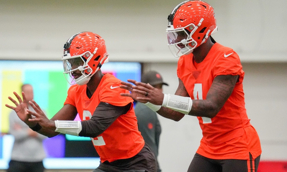 Quarterbacks Shedeur Sanders and Deshaun Watson at the Browns OTA camp in Berea on May 20, 2026.