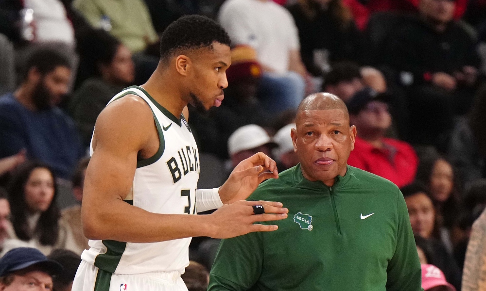 Milwaukee Bucks forward Giannis Antetokounmpo (34) and coach Doc Rivers react against the LA Clippers in the first half at Intuit Dome.