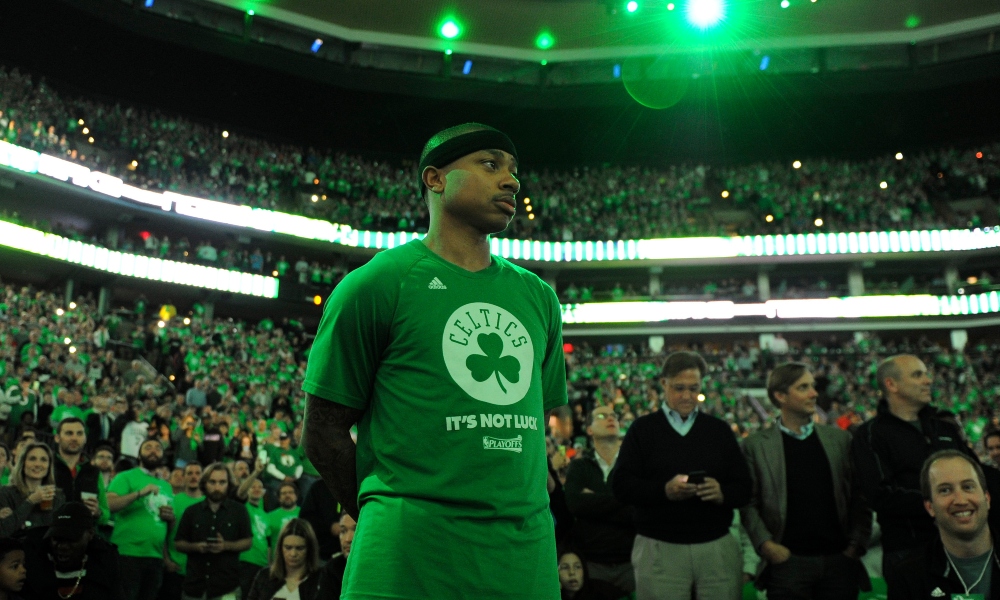 oston Celtics guard Isaiah Thomas (4) looks on during player introductions prior to game seven of the second round of the 2017 NBA Playoffs against the Washington Wizards at TD Garden.