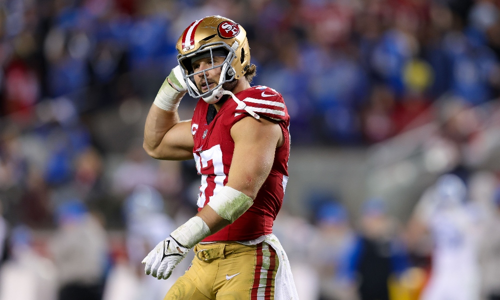 San Francisco 49ers defensive end Nick Bosa (97) during the game against the Detroit Lions at Levi's Stadium. Mandatory Credit: Sergio Estrada-Imagn Images