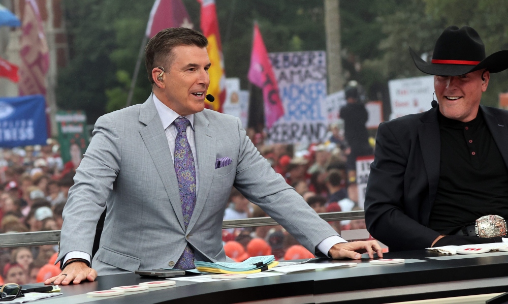 Reece Davis is on stage at ESPN College GameDay ahead of the University of Oklahoma-Michigan College football game on Sep 6, 2025 in Norman.