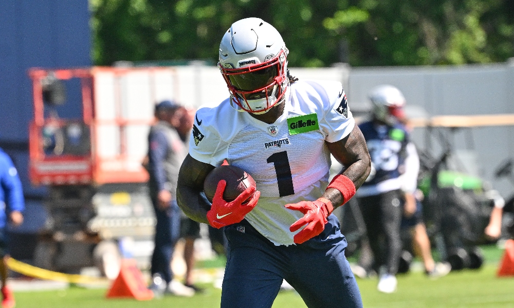 New England Patriots wide receiver A.J. Brown (1) runs after the catch at minicamp at Gillette Stadium. Mandatory Credit: Eric Canha-Imagn Images