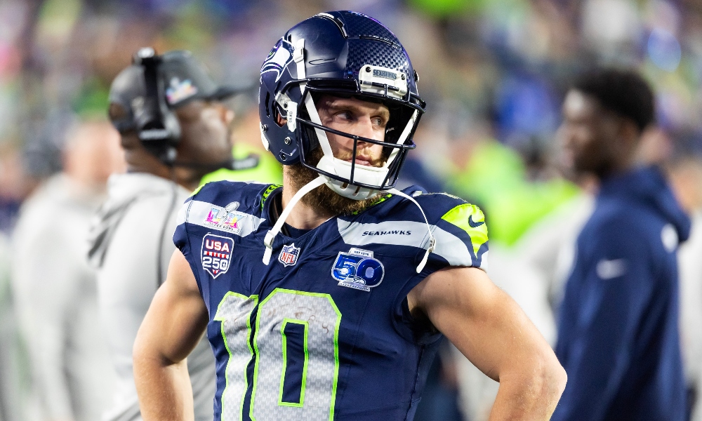 Seattle Seahawks wide receiver Cooper Kupp (10) against the New England Patriots during Super Bowl LX at Levi's Stadium. Mandatory Credit: Mark J. Rebilas-Imagn Images