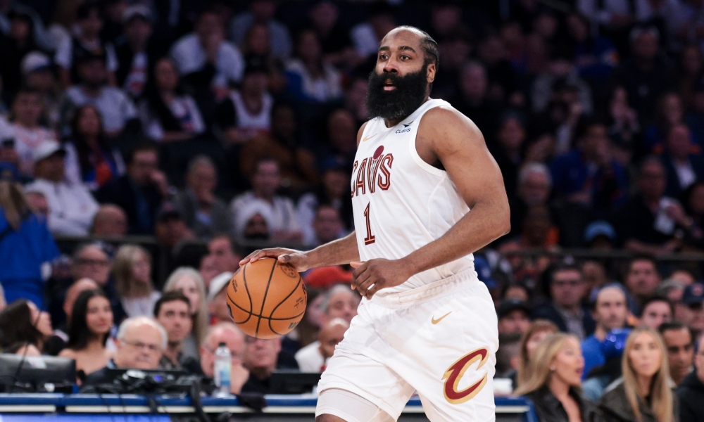 Cleveland Cavaliers guard James Harden (1) controls the ball against the New York Knicks during the second quarter of game two of the eastern conference finals of the 2026 NBA playoffs at Madison Square Garden. Mandatory Credit: Vincent Carchietta-Imagn Images