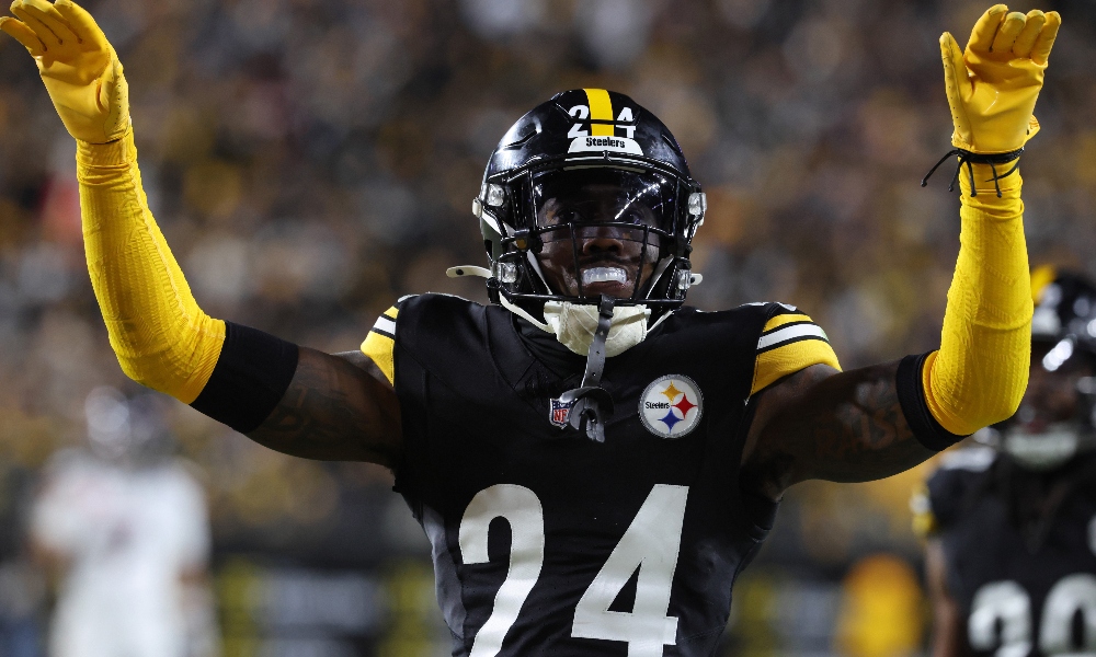 Pittsburgh Steelers cornerback Joey Porter Jr. (24) reacts after a play during the second half of an AFC Wild Card Round game against the Houston Texans at Acrisure Stadium. Mandatory Credit: Charles LeClaire-Imagn Images