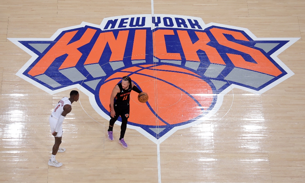 New York Knicks guard Jalen Brunson (11) controls the ball against Cleveland Cavaliers guard Dennis Schroder (8) during the third quarter of game two of the eastern conference finals during the 2026 NBA playoffs at Madison Square Garden. Mandatory Credit: Brad Penner-Imagn Images