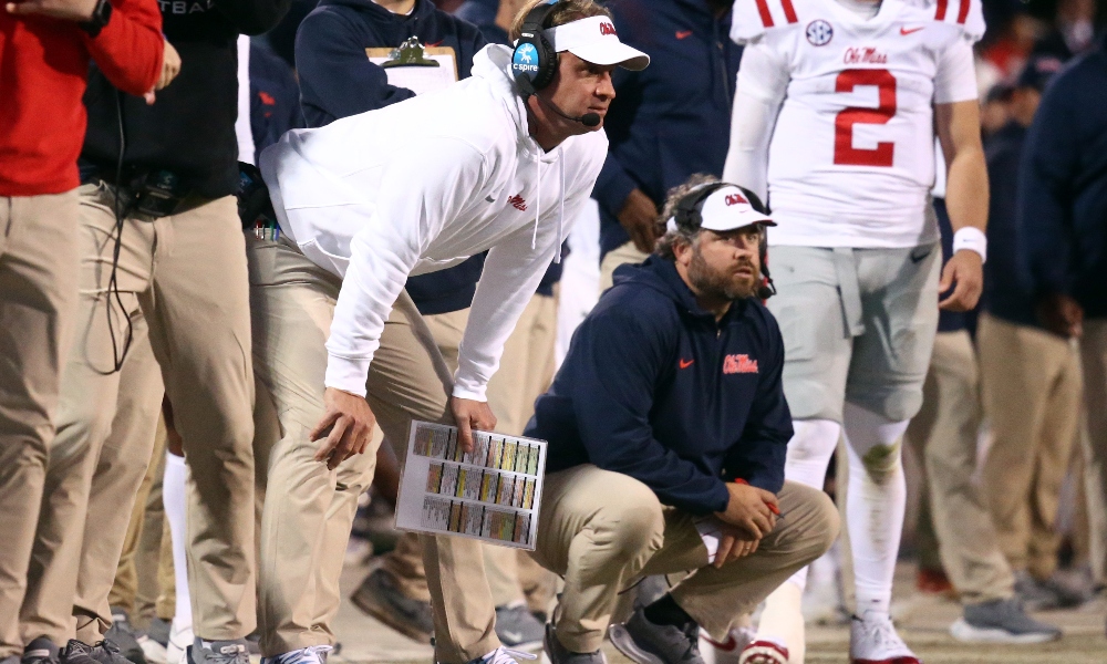 Mississippi Rebels head coach Lane Kiffin (left) and Mississippi Rebels defensive coordinator Pete Golding (right) watch during the second half against the Mississippi State Bulldogs at Davis Wade Stadium at Scott Field. Mandatory Credit: Petre Thomas-Imagn Images