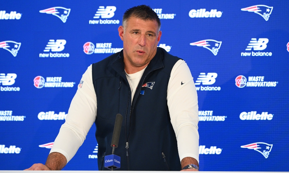 New England Patriots head coach Mike Vrabel holds a press conference before the start of practices at the team's OTA at Gillette Stadium. Mandatory Credit: Eric Canha-Imagn Images