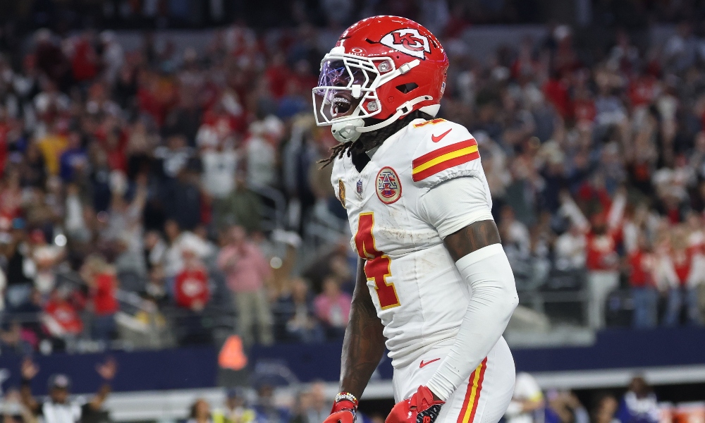 Kansas City Chiefs wide receiver Rashee Rice (4) celebrates after a touchdown against the Dallas Cowboys during the fourth quarter at AT&T Stadium. Mandatory Credit: Kevin Jairaj-Imagn Images