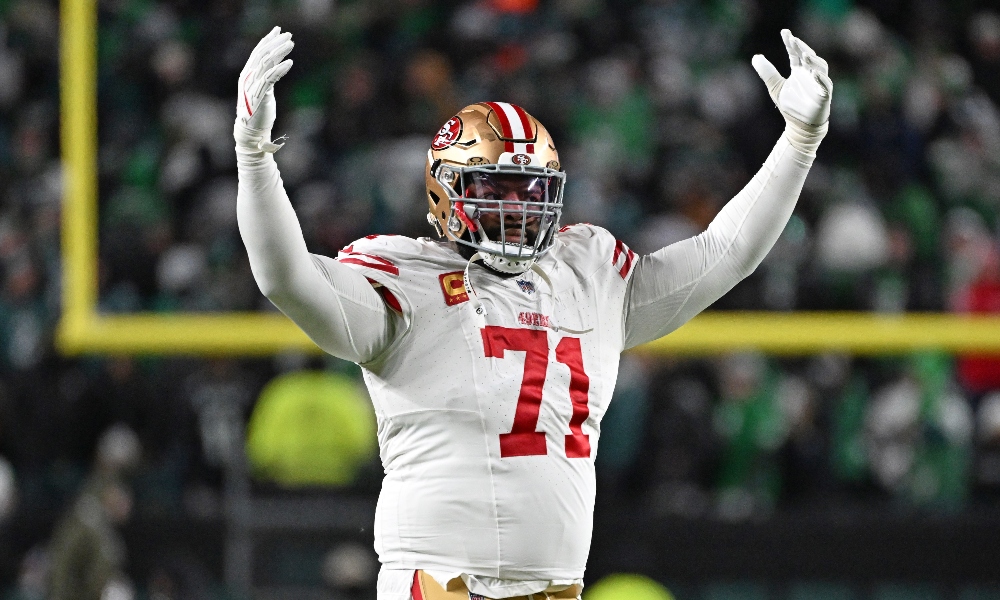San Francisco 49ers offensive tackle Trent Williams (71) celebrates win against the Philadelphia Eagles in an NFC Wild Card Round game at Lincoln Financial Field. Mandatory Credit: Eric Hartline-Imagn Images