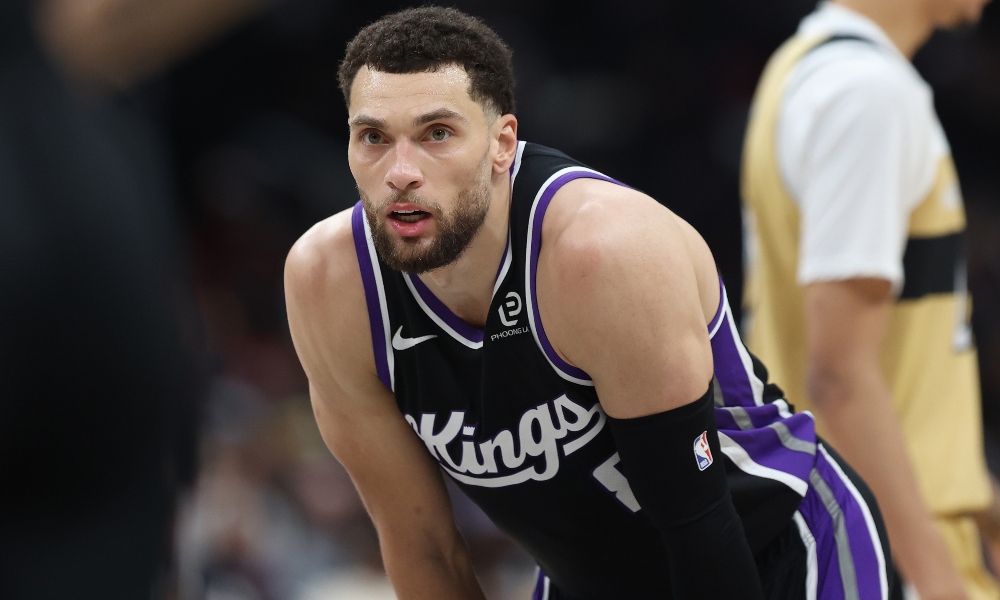Sacramento Kings guard Zach LaVine (8) looks on during the second half against the Washington Wizards at Capital One Arena. Mandatory Credit: Daniel Kucin Jr.-Imagn Images