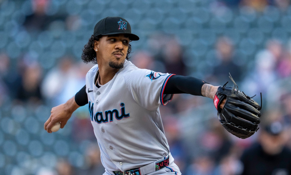 Miami Marlins starting pitcher Eury Pérez (39) delivers a pitch against the Minnesota Twins in the first inning at Target Field. Mandatory Credit: Jesse Johnson-Imagn Images
