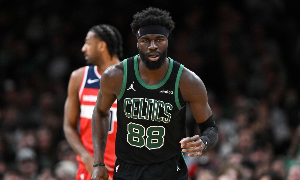 Boston Celtics center Neemias Queta (88) runs up the court during the first half of a game against the Washington Wizards at the TD Garden. Mandatory Credit: Brian Fluharty-Imagn Images